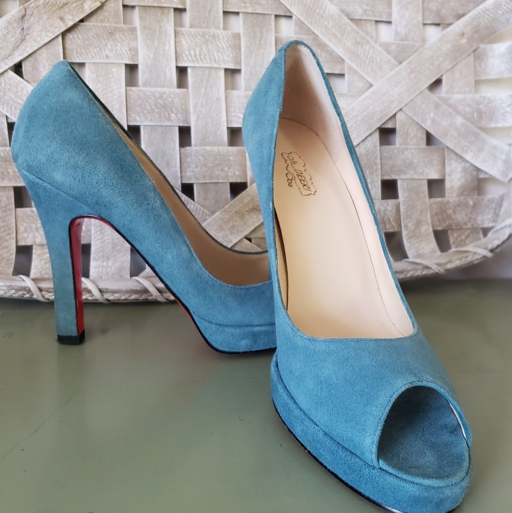 Oh Deer! Judy Teal Leather Suede Red Bottom Peep